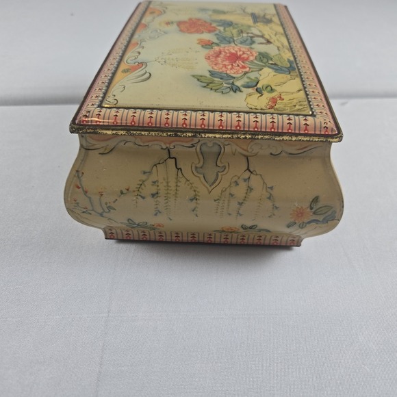 Vintage English Floral Tin Box Chinoiserie Garden Scene Hinged Metal Container - Picture 7 of 11